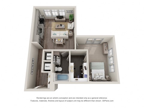 Floor plan for 1 bed, 1 bath, 682 sqft